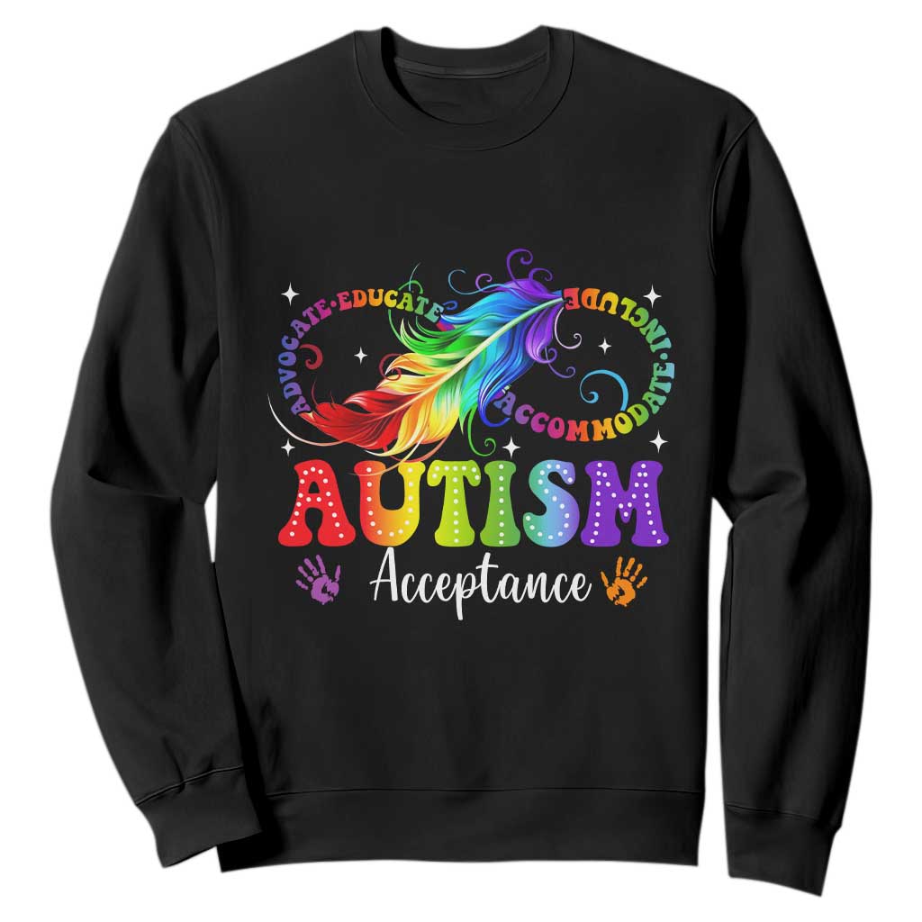 Autism Acceptance Sweatshirt Neurodivergent Support Rainbow Feather Infinity Symbol