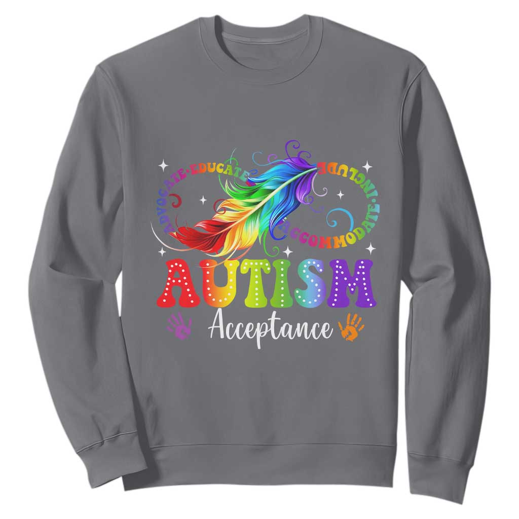 Autism Acceptance Sweatshirt Neurodivergent Support Rainbow Feather Infinity Symbol
