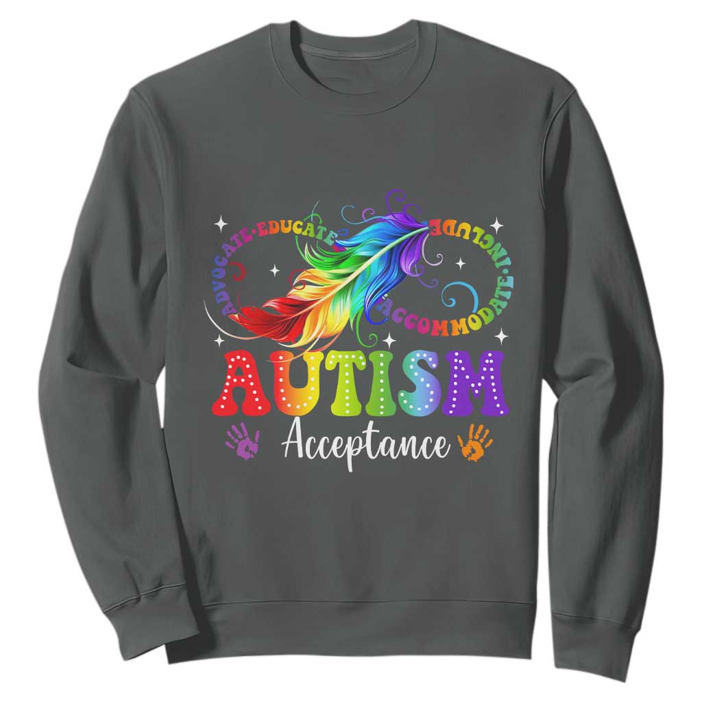Autism Acceptance Sweatshirt Neurodivergent Support Rainbow Feather Infinity Symbol
