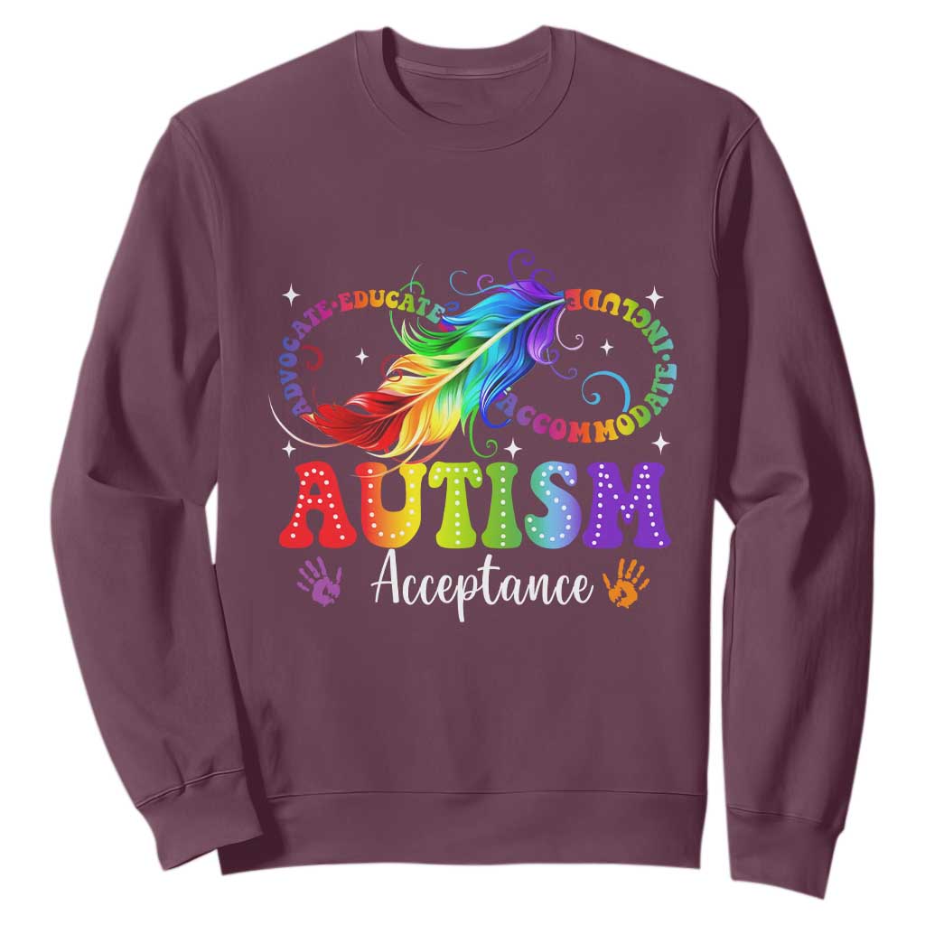 Autism Acceptance Sweatshirt Neurodivergent Support Rainbow Feather Infinity Symbol