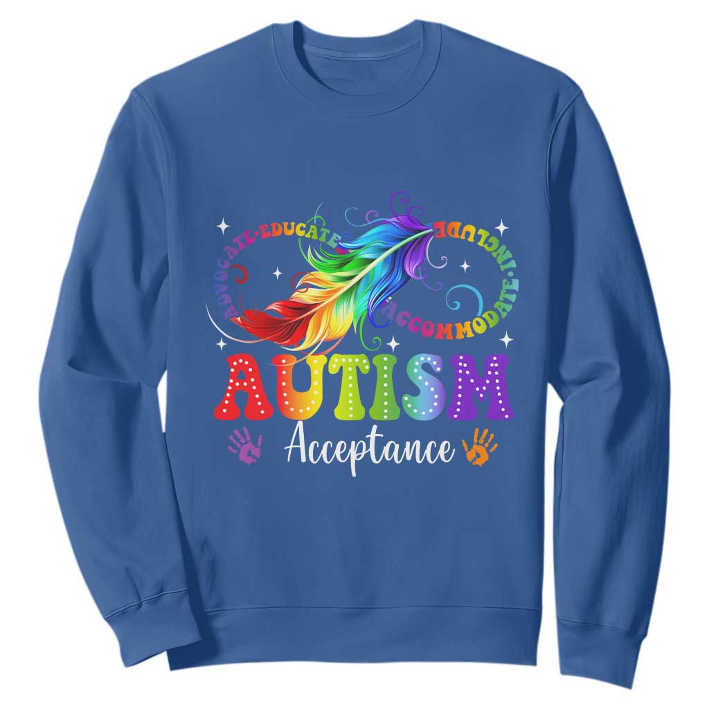 Autism Acceptance Sweatshirt Neurodivergent Support Rainbow Feather Infinity Symbol