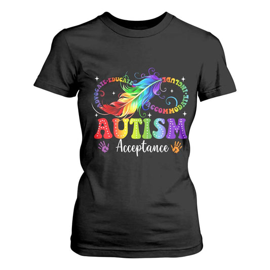 Autism Acceptance T Shirt For Women Neurodivergent Support Rainbow Feather Infinity Symbol