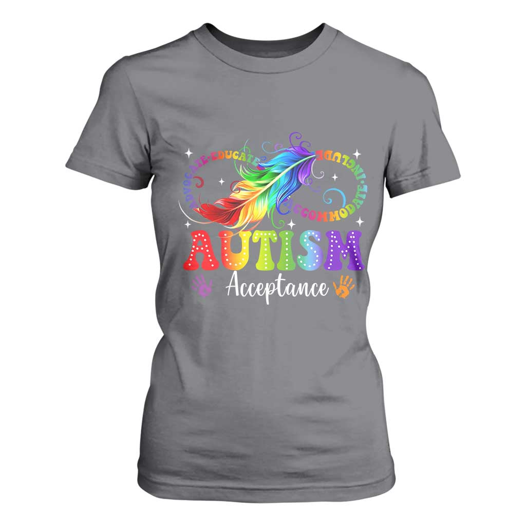 Autism Acceptance T Shirt For Women Neurodivergent Support Rainbow Feather Infinity Symbol