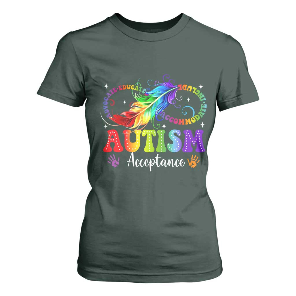 Autism Acceptance T Shirt For Women Neurodivergent Support Rainbow Feather Infinity Symbol