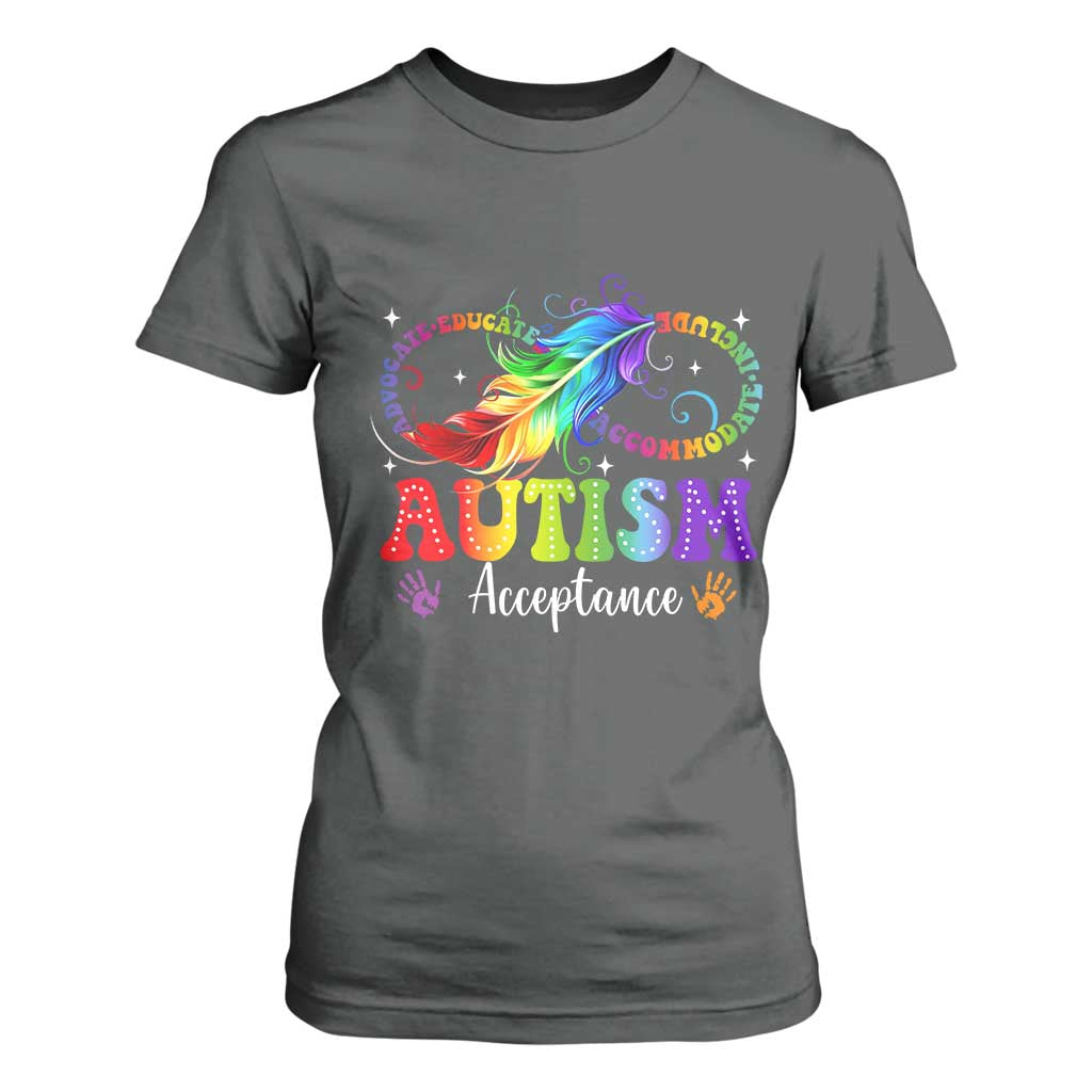 Autism Acceptance T Shirt For Women Neurodivergent Support Rainbow Feather Infinity Symbol