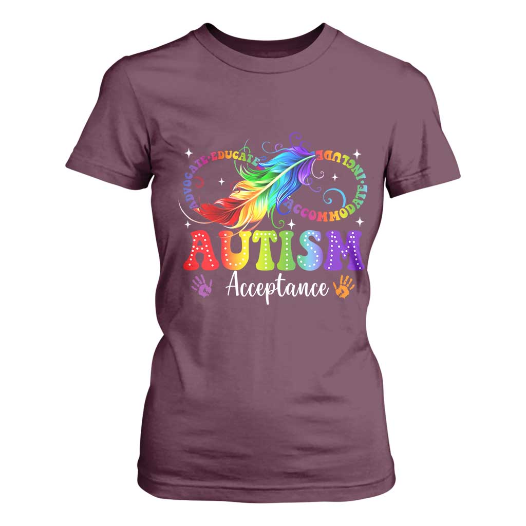 Autism Acceptance T Shirt For Women Neurodivergent Support Rainbow Feather Infinity Symbol