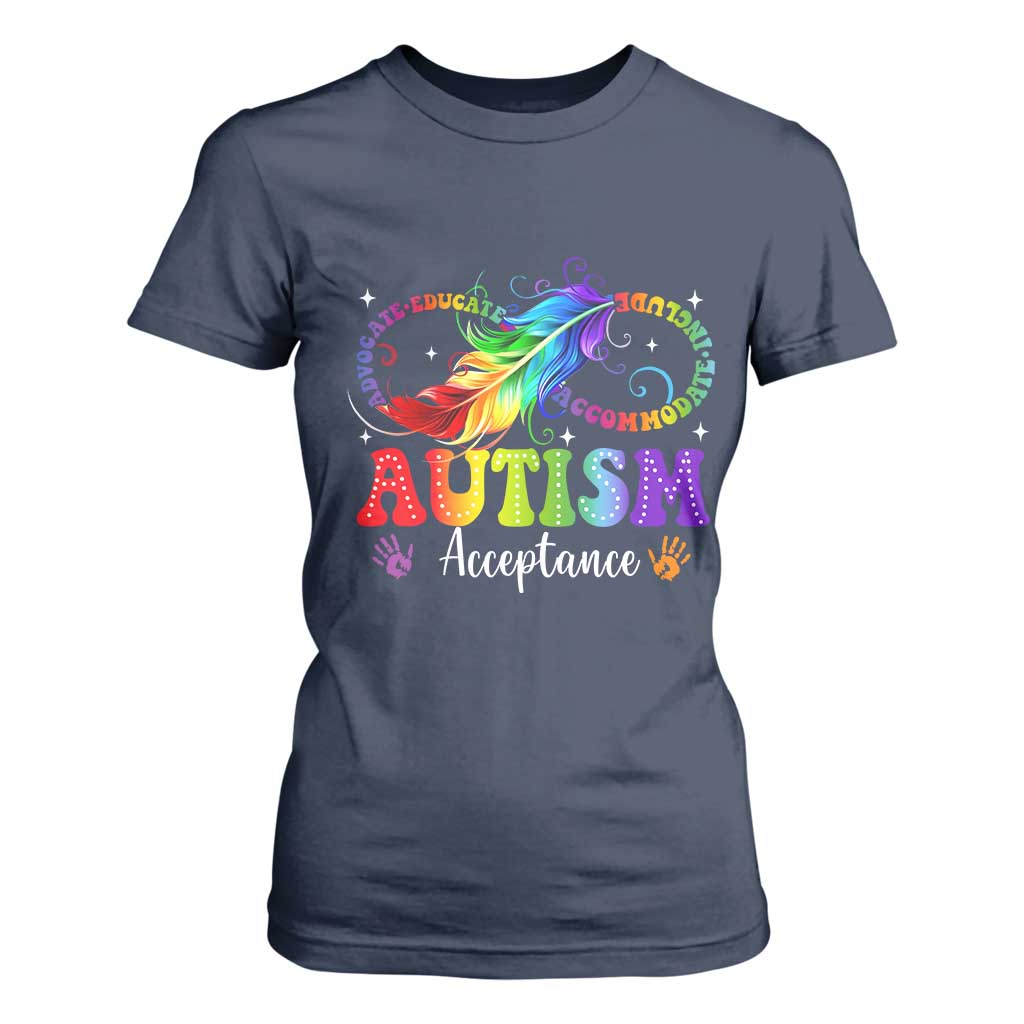 Autism Acceptance T Shirt For Women Neurodivergent Support Rainbow Feather Infinity Symbol