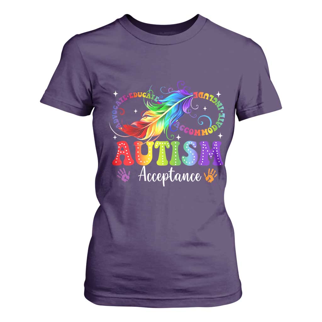 Autism Acceptance T Shirt For Women Neurodivergent Support Rainbow Feather Infinity Symbol