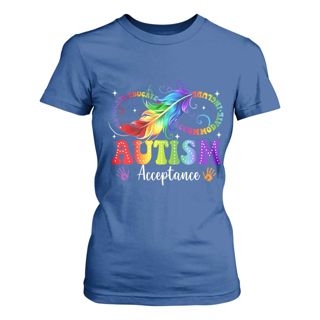Autism Acceptance T Shirt For Women Neurodivergent Support Rainbow Feather Infinity Symbol