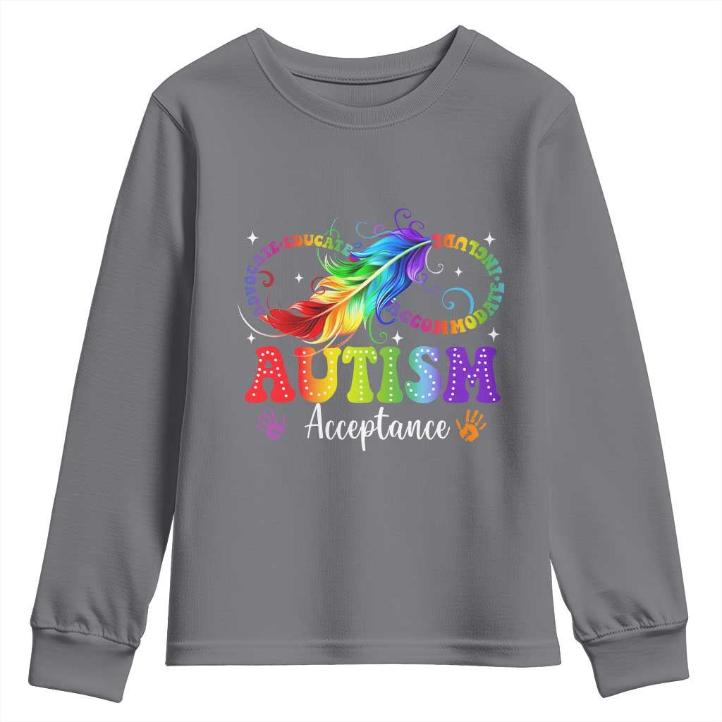 Autism Acceptance Youth Sweatshirt Neurodivergent Support Rainbow Feather Infinity Symbol