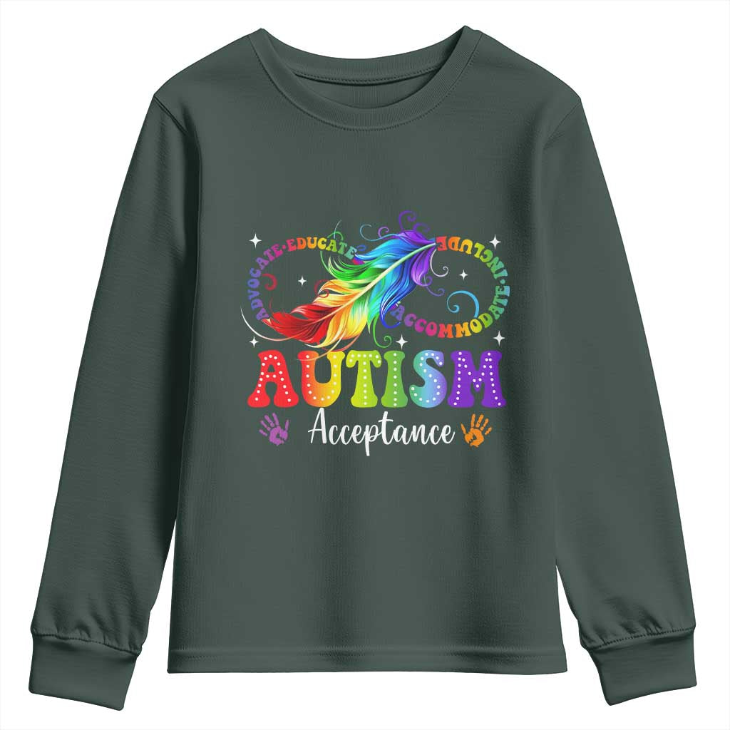 Autism Acceptance Youth Sweatshirt Neurodivergent Support Rainbow Feather Infinity Symbol