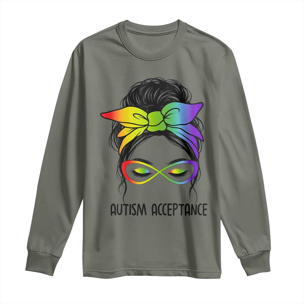 Autism Acceptance Long Sleeve Shirt Neurodiversity Awareness Messy Bun Women