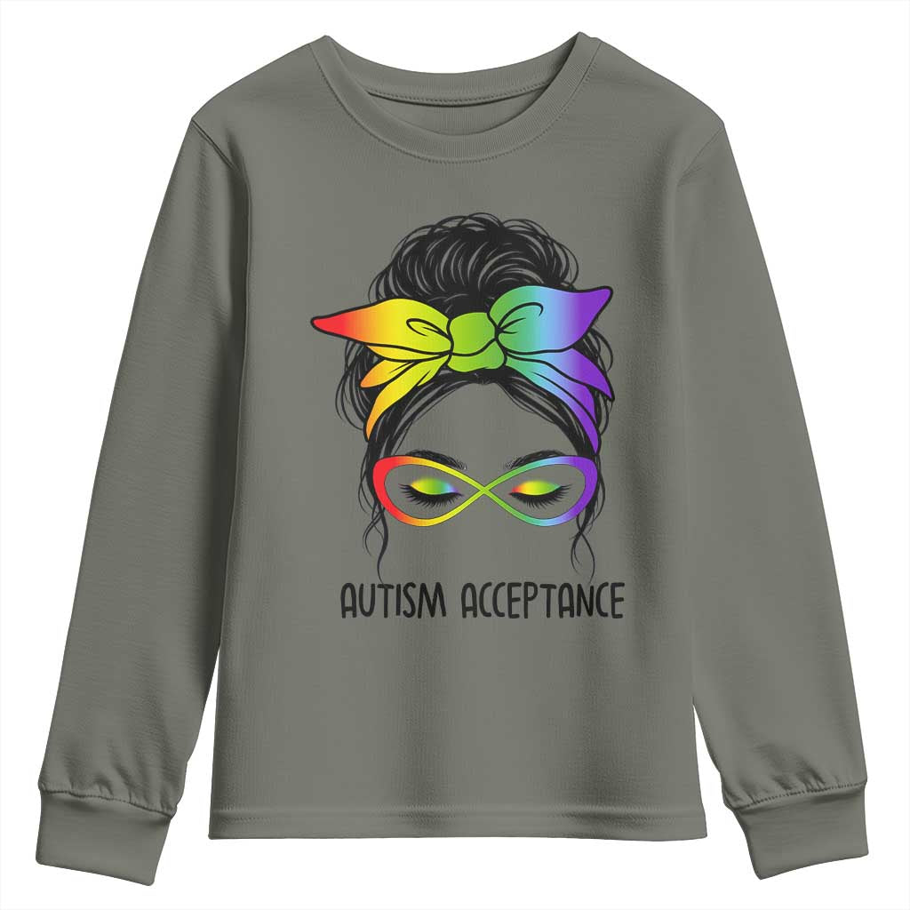 Autism Acceptance Youth Sweatshirt Neurodiversity Awareness Messy Bun Women